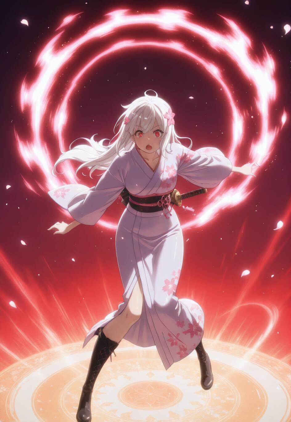An anime girl with long white hair and red eyes, wearing a cherry blossom kimono and black boots, stands in a dynamic pose in front of a glowing red energy ring.