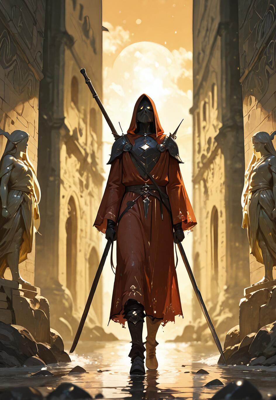 A fantasy warrior in a red hooded robe and black armor walks through the shallow waters of a flooded, ancient city street at sunset, flanked by large stone statues.