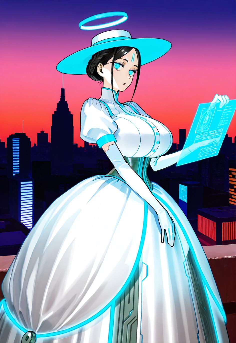 An anime-style woman in a futuristic white and blue Victorian gown and hat stands on a rooftop at dusk, holding a glowing holographic tablet in front of a neon-lit city skyline. A blue halo floats above her head.