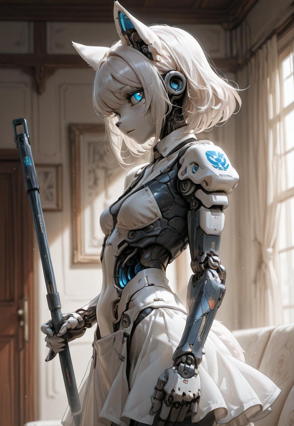 A digital illustration of a female cyborg with white hair, glowing blue eyes, and cat ears, dressed in a maid outfit and holding a futuristic mop inside a classic-style room.