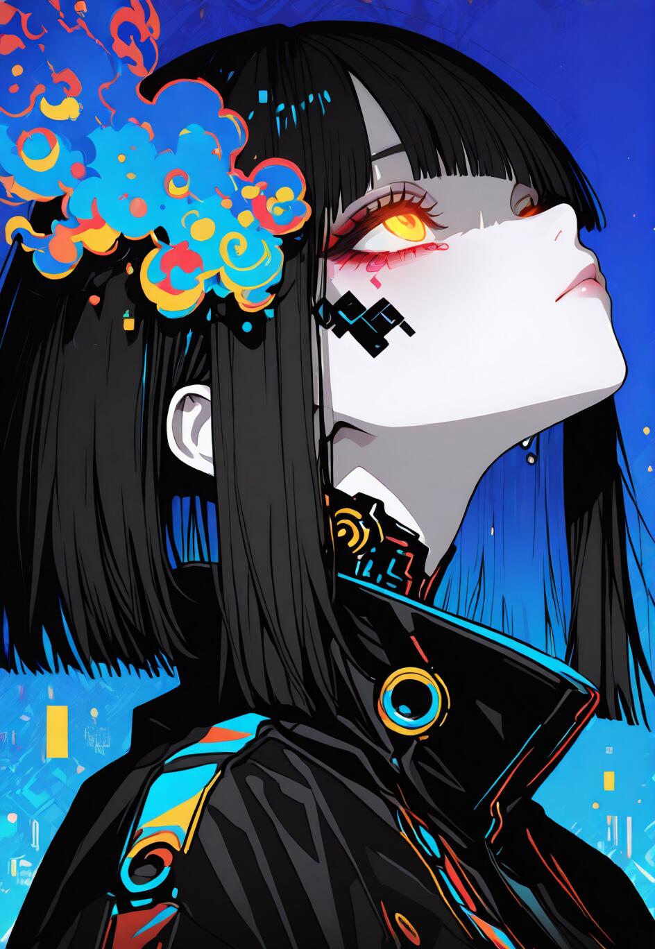 A stylized anime portrait of a cyberpunk woman with short black hair and glowing yellow eyes, looking up. She has a colorful glitch-art hairpiece and black geometric cybernetic details on her face and neck, set against a vibrant blue digital background.