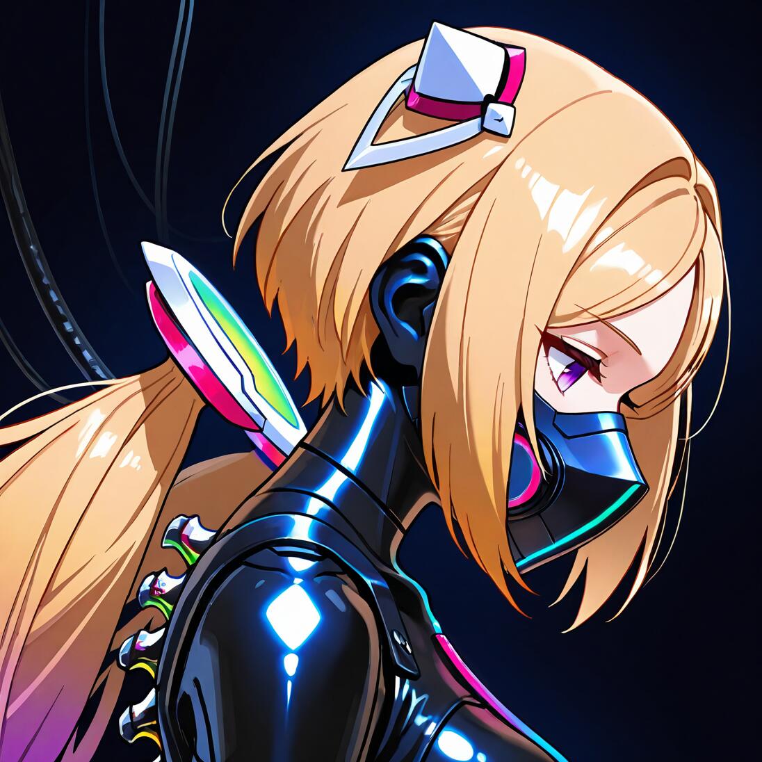 An anime-style illustration of the VTuber Aki Rosenthal in a cyberpunk setting. She has blonde hair in low twintails and wears a glowing black cybersuit and a mechanical mask. She is shown in profile, looking down, against a dark background with cables.