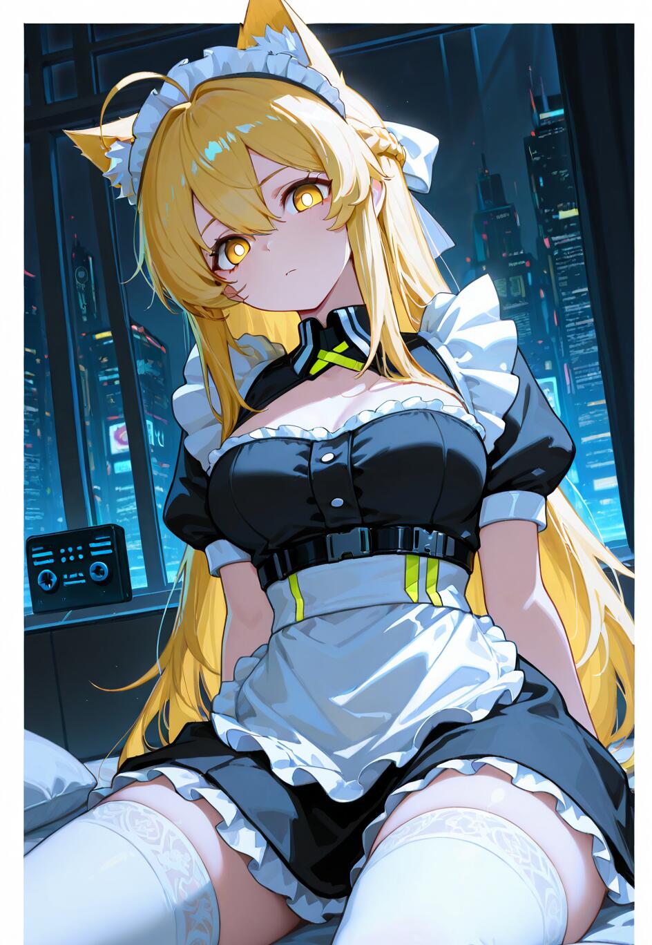 An anime cat girl with long blonde hair and yellow eyes, dressed in a black and white cyberpunk maid outfit, sitting in a dark room with a neon city visible through the window behind her.