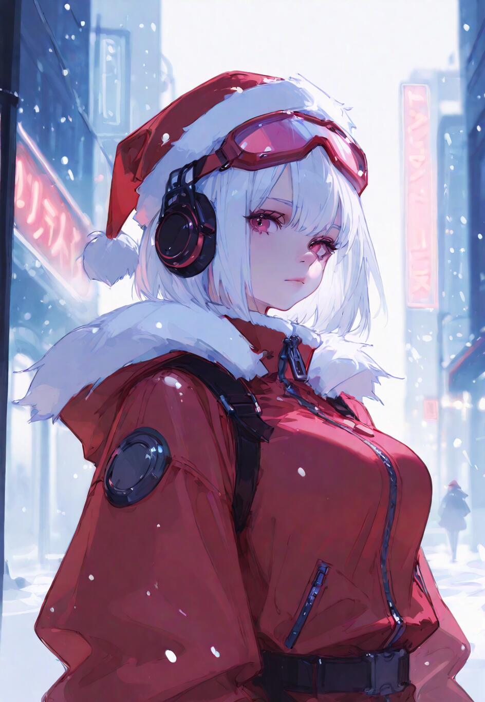 An anime girl with short white hair and red eyes wearing a red Santa hat with goggles, headphones, and a red winter jacket, standing on a snowy city street with neon lights in the background.