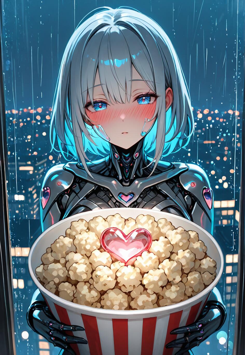 An anime-style cyborg girl with short, light blue hair and blue eyes, blushing as she holds a large red and white striped bucket of popcorn. A pink, translucent heart rests on the popcorn. She is standing in front of a window showing a rainy city at night.