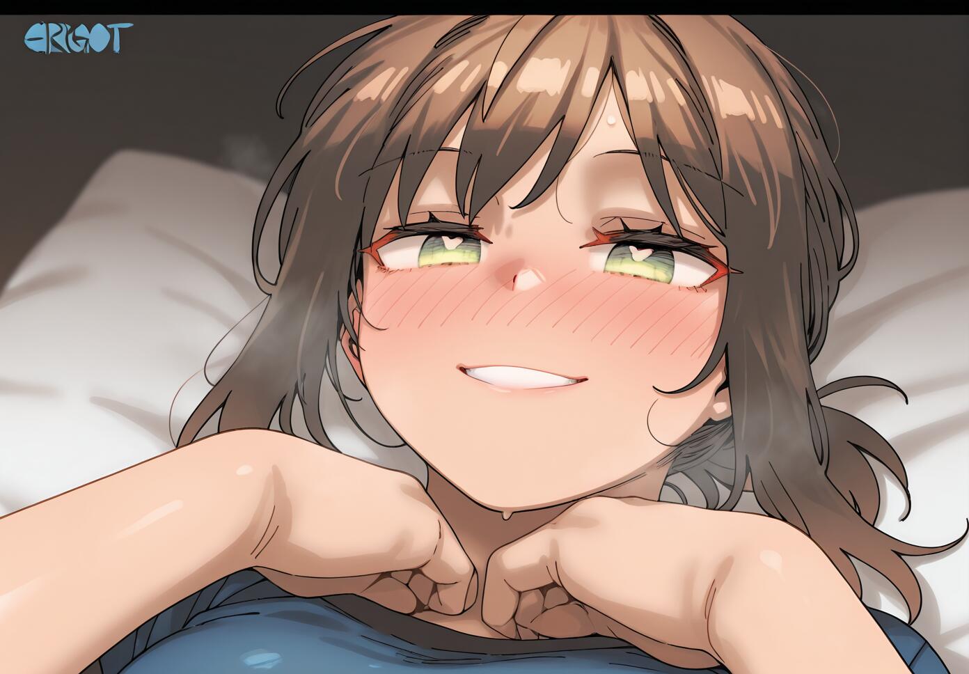 A close-up illustration of Fubuki from Kantai Collection with brown hair and green eyes, lying down with a flushed, ecstatic expression of pure bliss on her face.