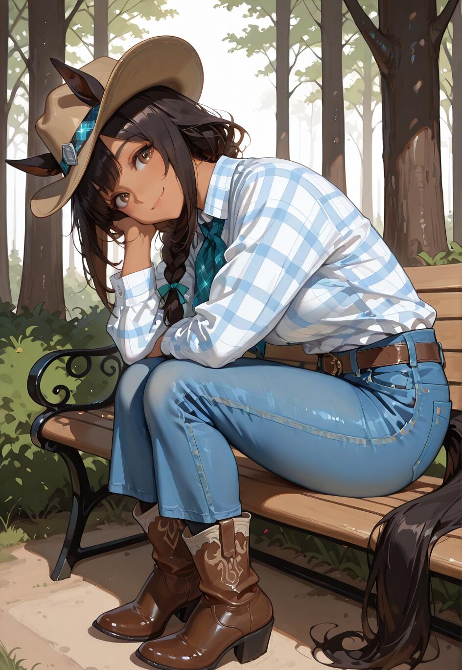 An anime-style horse girl with tanned skin and a cowboy hat, identified as El Condor Pasa, sitting on a park bench in a forest. She is wearing a plaid shirt and jeans, smiling warmly at the viewer.