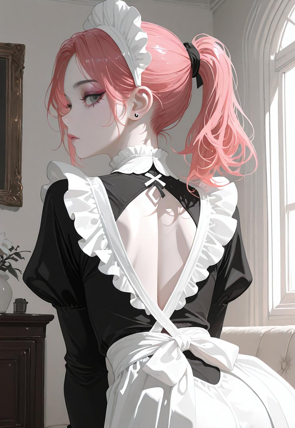 An anime-style illustration of a young woman with pink hair in a ponytail, wearing a black and white open-back maid uniform. She is looking back over her shoulder in a brightly lit room.