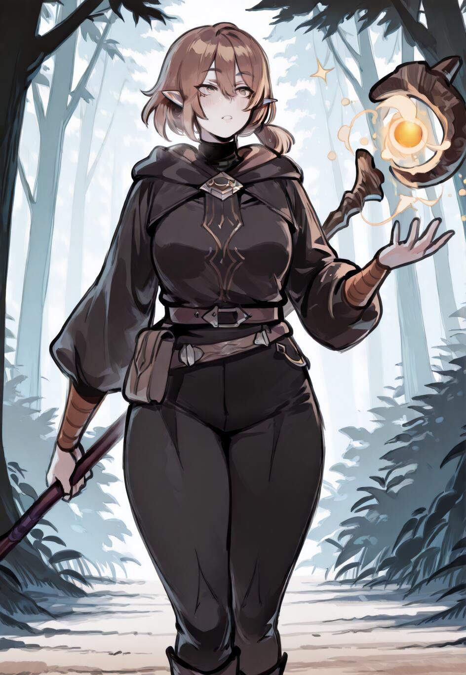 An elf mage with short brown hair wearing a dark hooded outfit stands in a wintery forest, holding a staff in one hand and casting a glowing magic spell with the other.