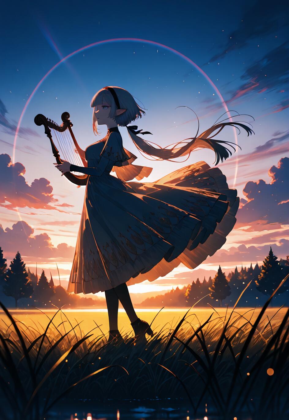 A full-body illustration of an anime-style elf girl with silver hair playing a harp in a grassy field during a sunrise. A large rainbow is visible in the sky behind her.