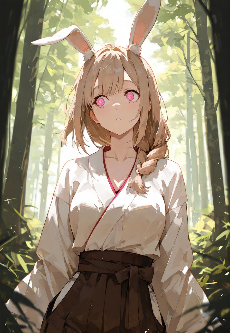 An anime girl with light brown hair and white bunny ears, wearing a white and dark brown Japanese miko outfit, stands in a sunlit forest. She is looking back over her shoulder with wide, glowing pink eyes.