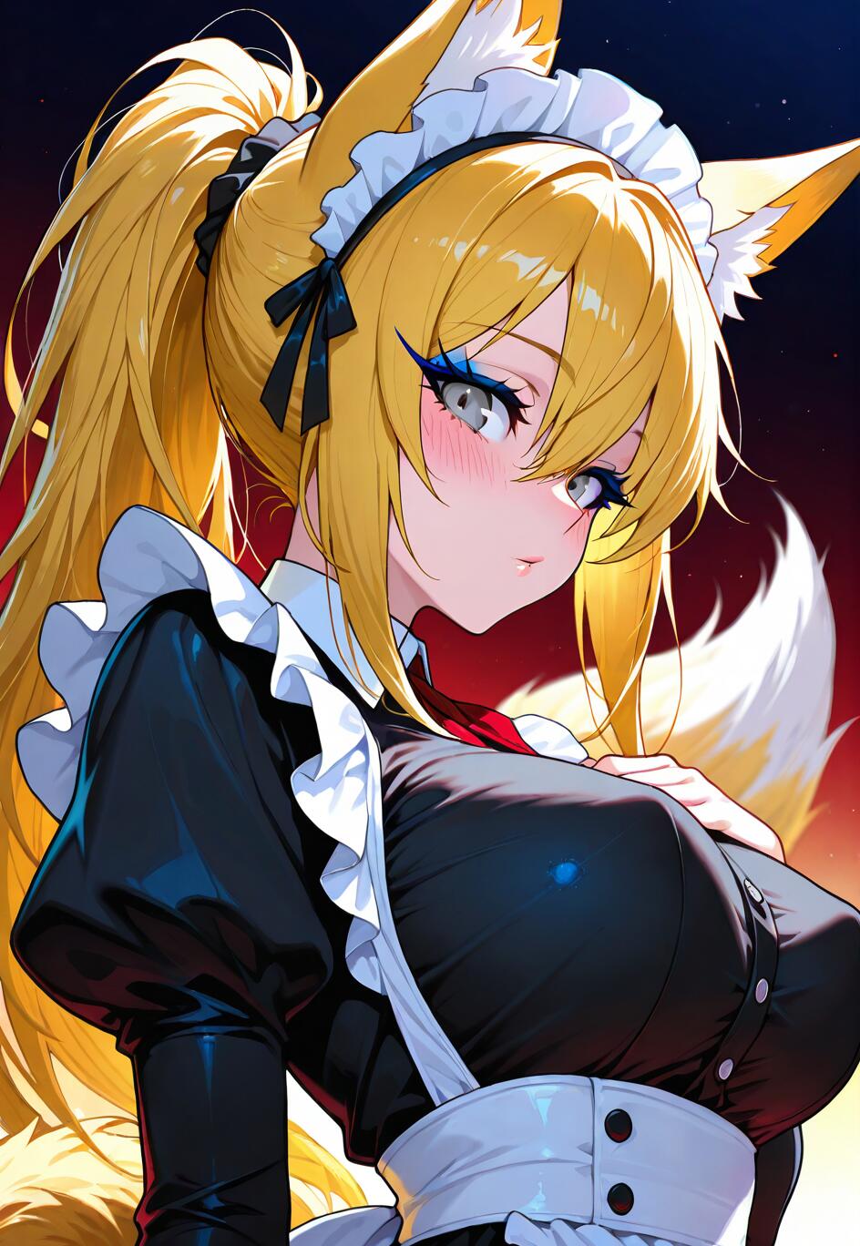 An anime illustration of a beautiful young woman with blonde hair, fox ears, and a fox tail, wearing a black and white maid uniform. She is blushing and looking at the camera with her head tilted.