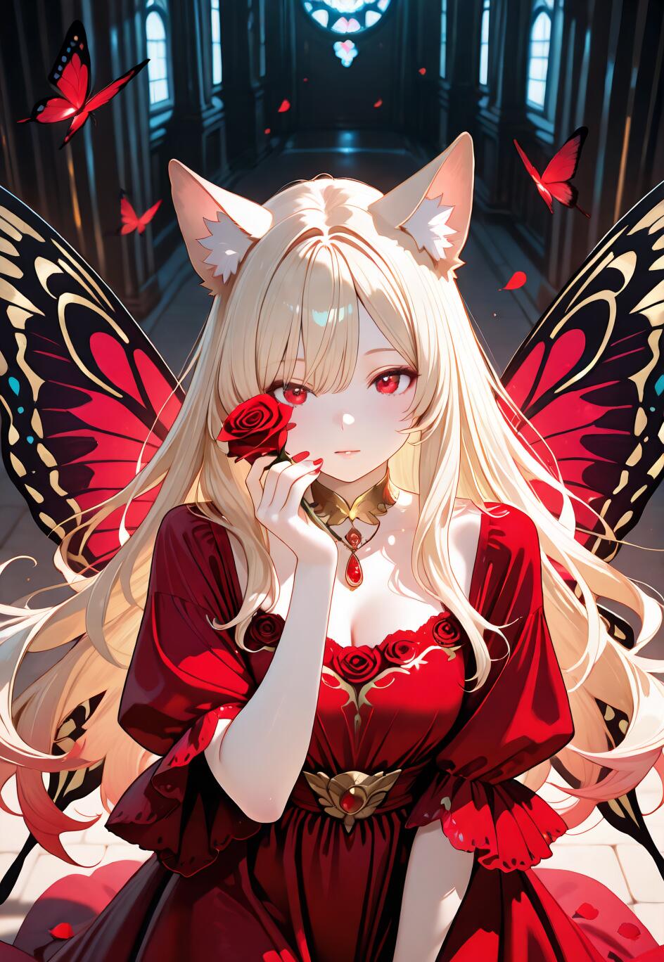 An anime girl with long blonde hair, red eyes, and cat ears, wearing a red dress and large butterfly wings, holds a red rose to her face in a dark, gothic-style hall surrounded by butterflies.