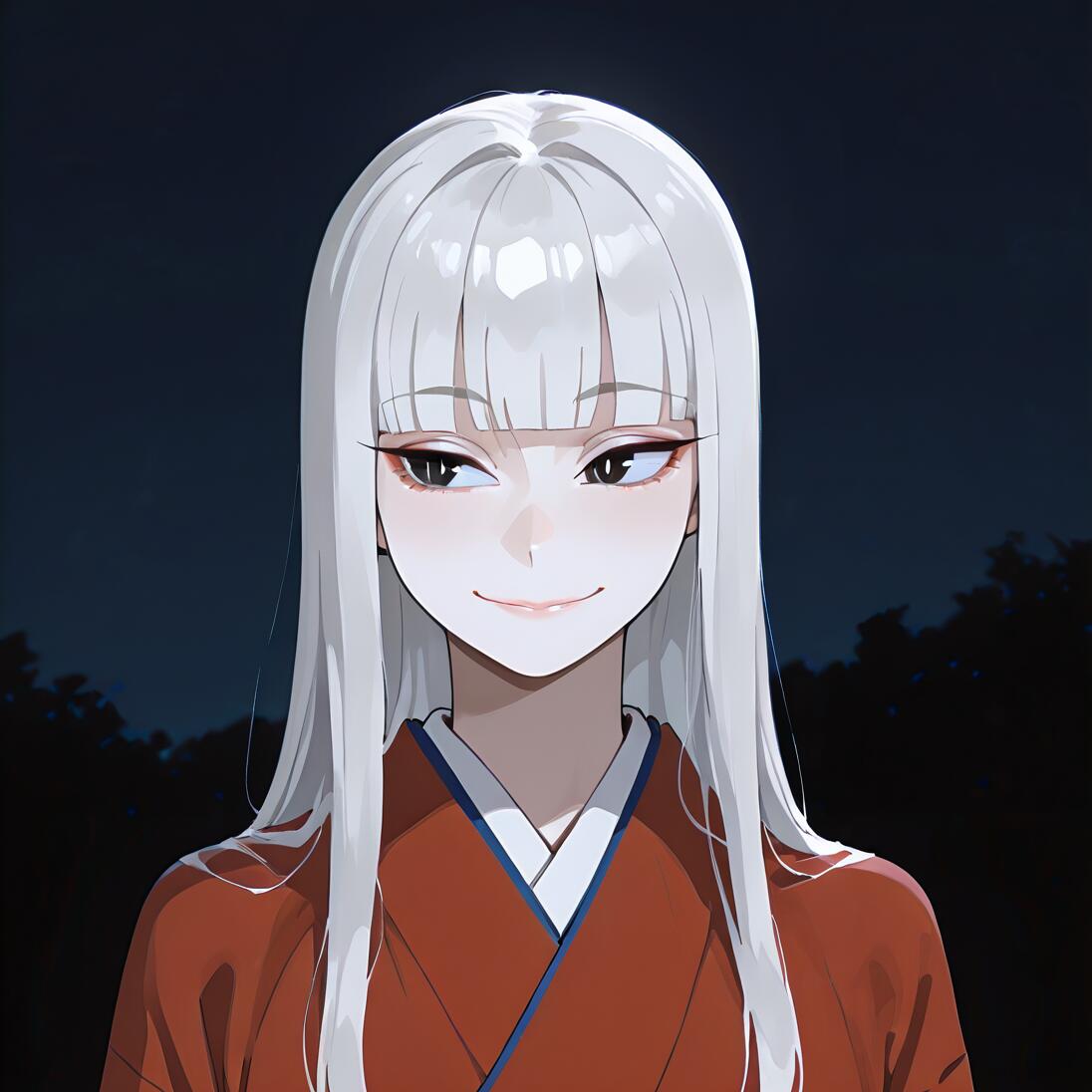An upper-body portrait of an anime character with long white hair and blunt bangs, wearing a red kimono and smiling mysteriously against a dark night background.