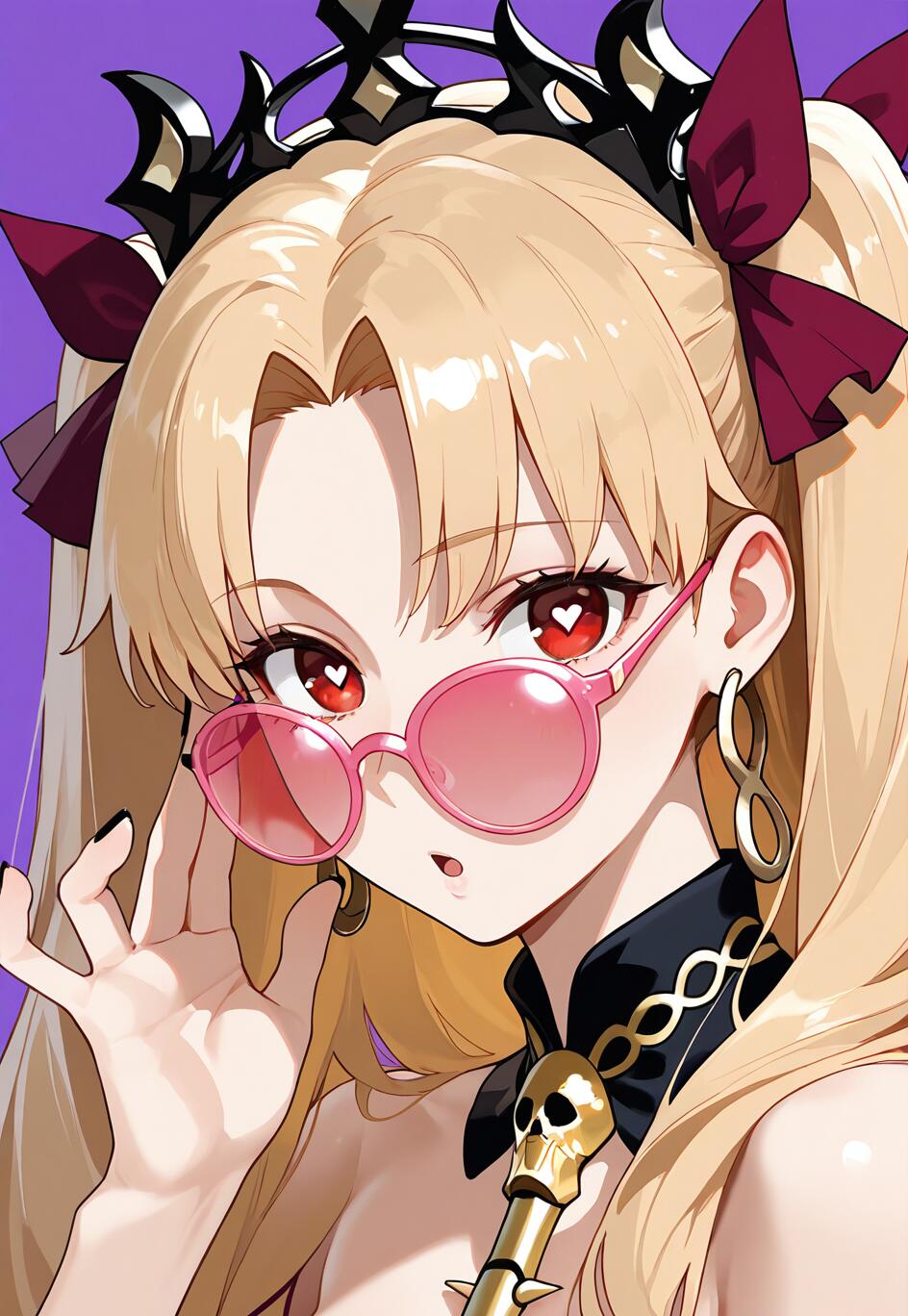 An anime-style illustration of the character Ereshkigal from Fate/Grand Order. She is a blonde girl with red, heart-shaped eyes, wearing a black crown and lowering a pair of pink sunglasses to look at the viewer.