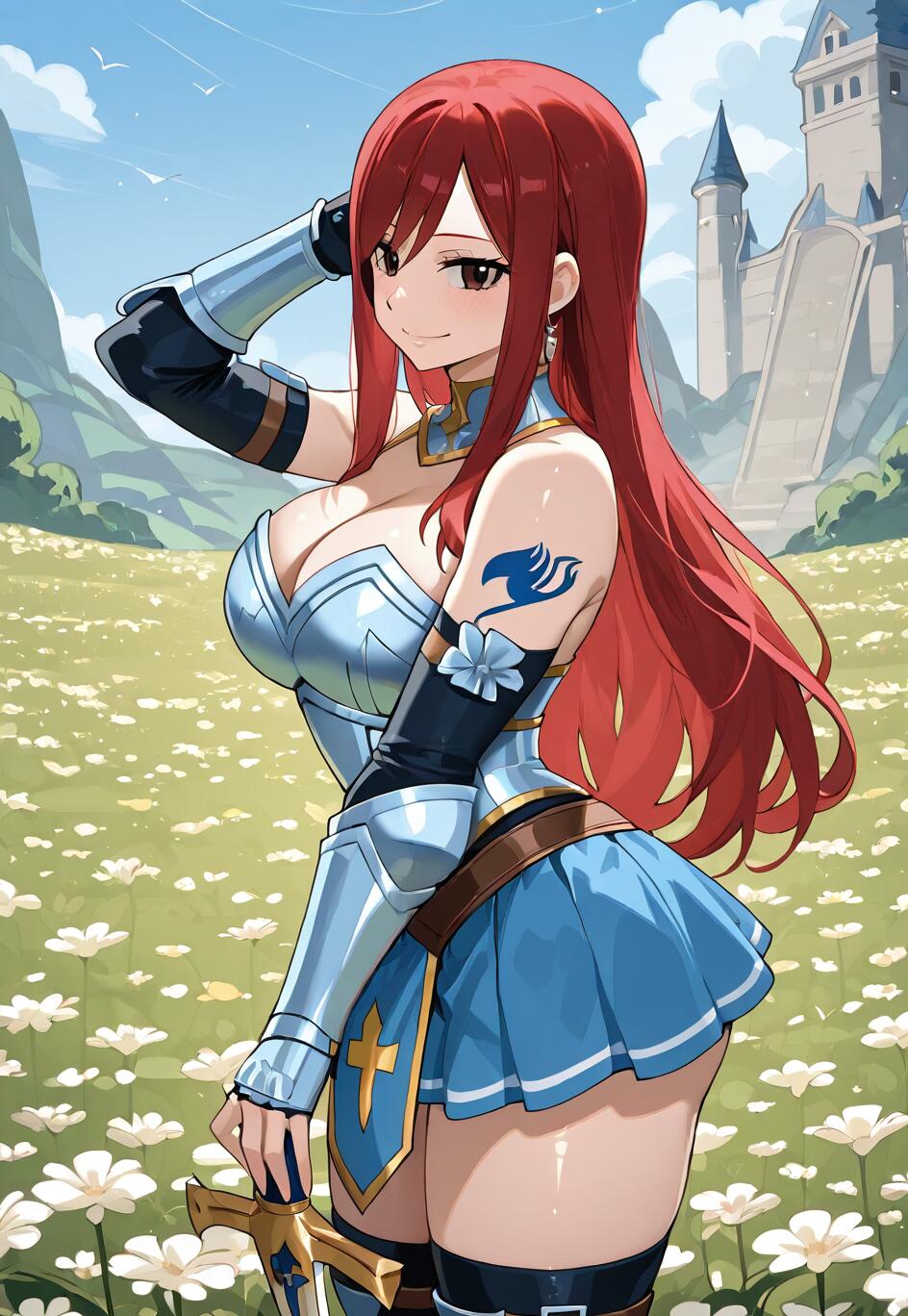 Erza Scarlet from Fairy Tail, a red-haired warrior in silver and blue armor and a blue skirt, stands smiling in a field of white flowers with a castle in the background, holding a sword.