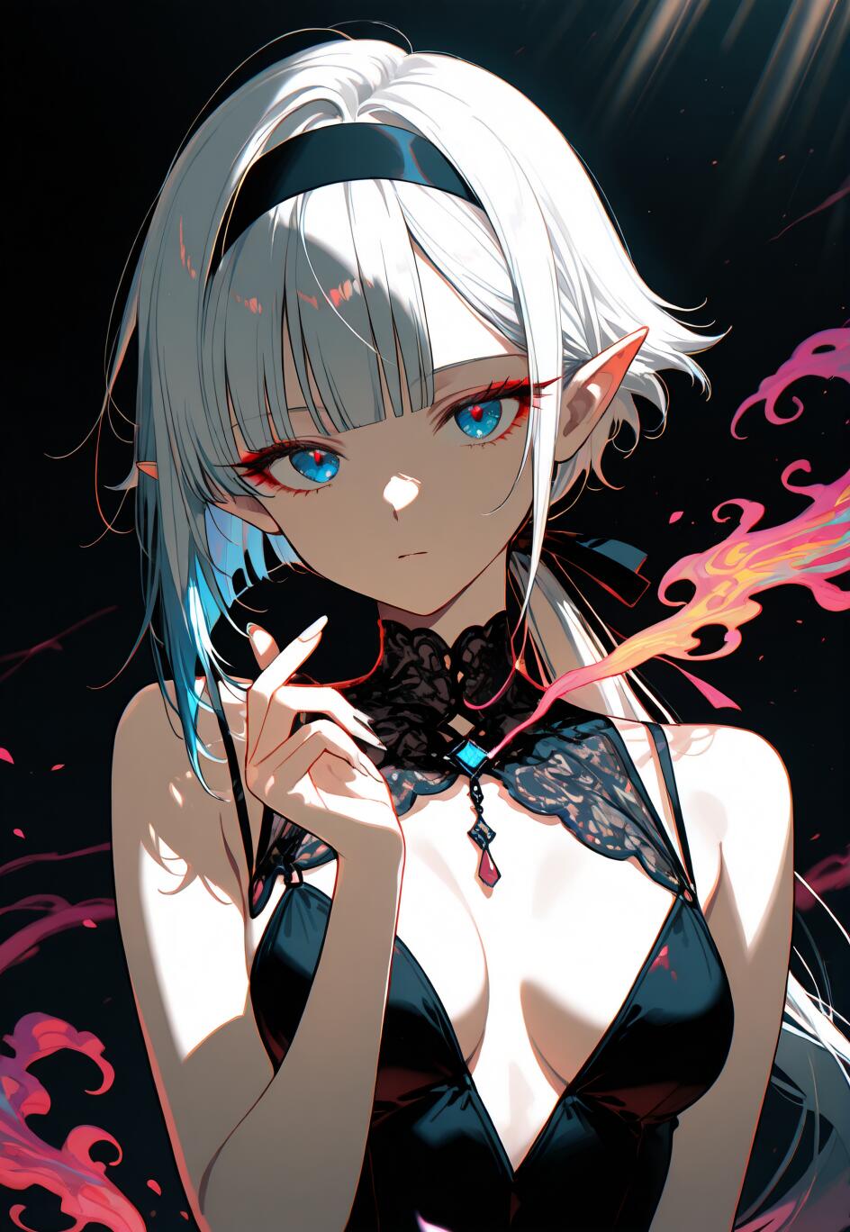 An anime-style illustration of an elf girl with long silver hair, pointed ears, and vibrant blue eyes. She is wearing a black lace top and choker, looking at the viewer against a dark background with colorful wisps of light.