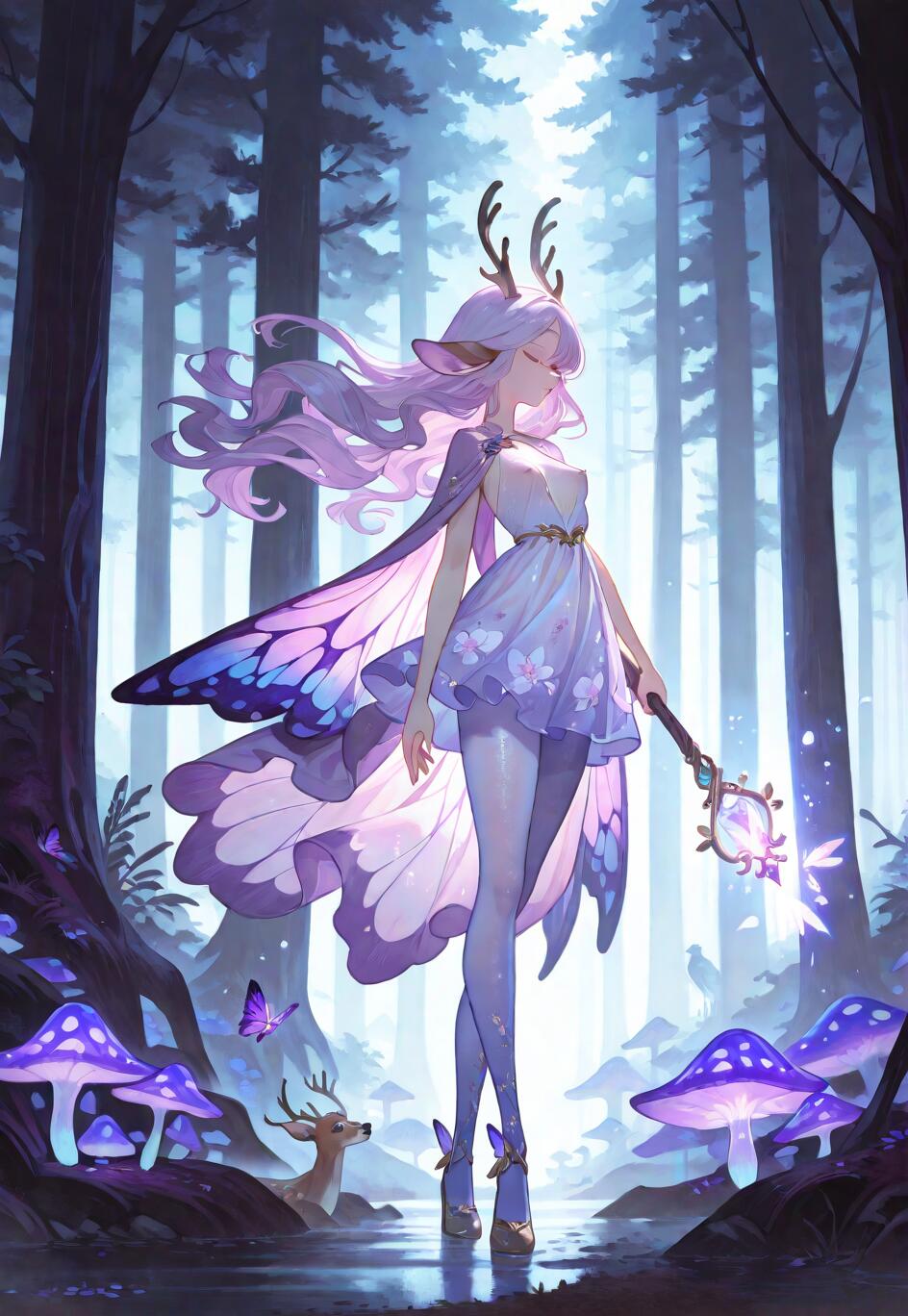 An anime-style illustration of a beautiful forest spirit with light purple hair, deer antlers, and large butterfly wings. She is holding a glowing staff and standing in a magical forest filled with glowing purple mushrooms and a small deer.