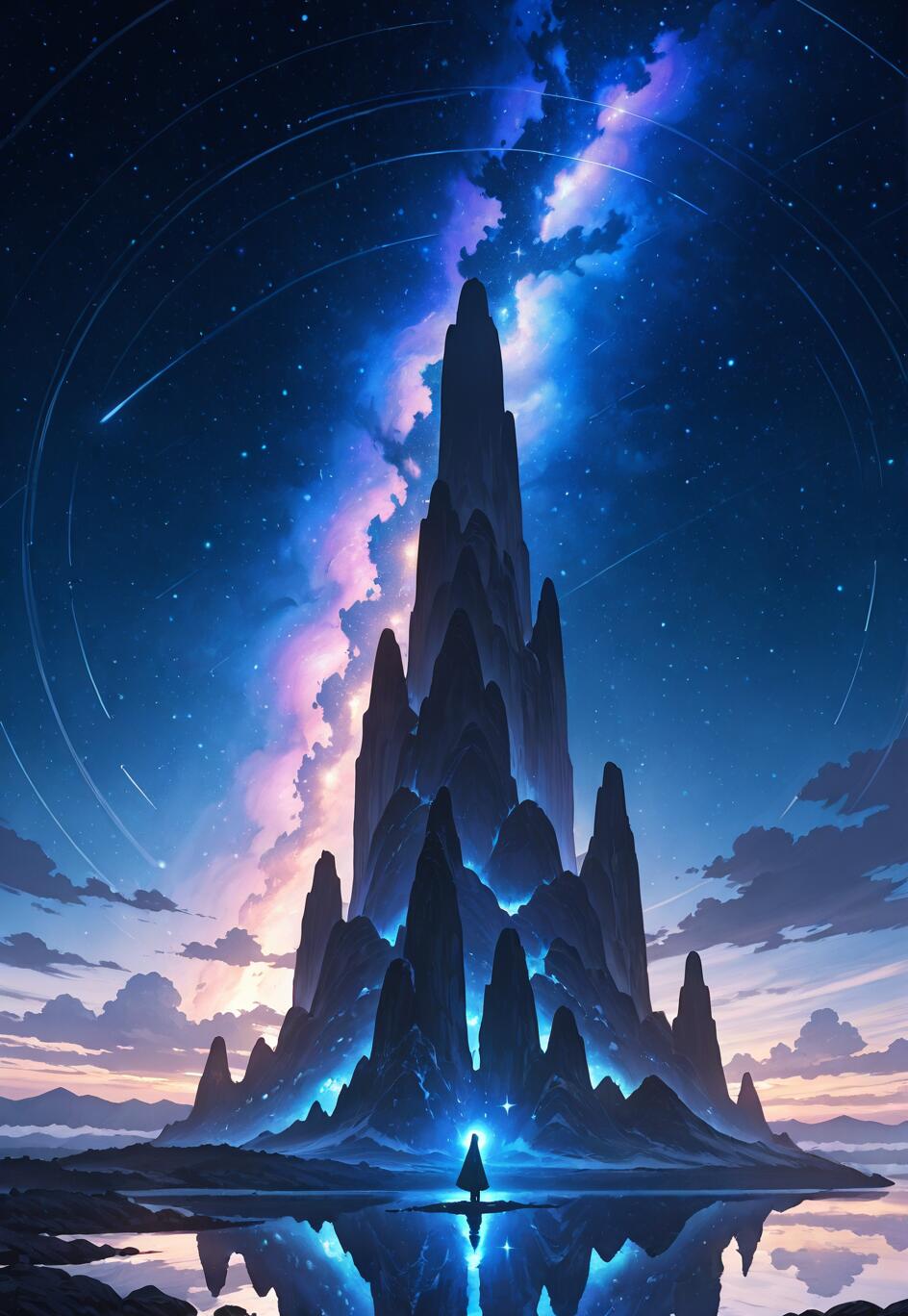 A lone figure in a cloak stands before a large, jagged mountain under a colorful, starry night sky with a nebula, all of which is reflected in the calm water below.