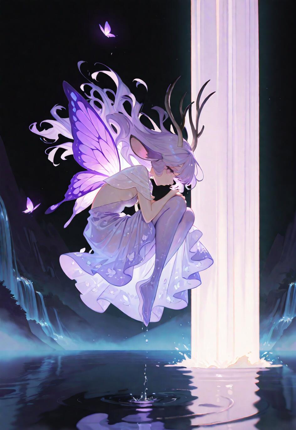 An anime-style illustration of a young fae-like girl with lilac hair, deer antlers, and large purple butterfly wings, floating peacefully in a curled position next to a massive pillar of light over a dark lake with waterfalls in the background.