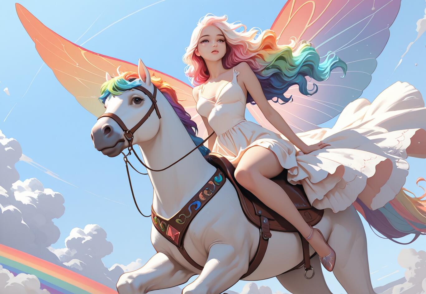 A young woman with rainbow hair and large, colorful wings rides a white Pegasus with a rainbow mane through a cloudy blue sky. A rainbow is visible below them.