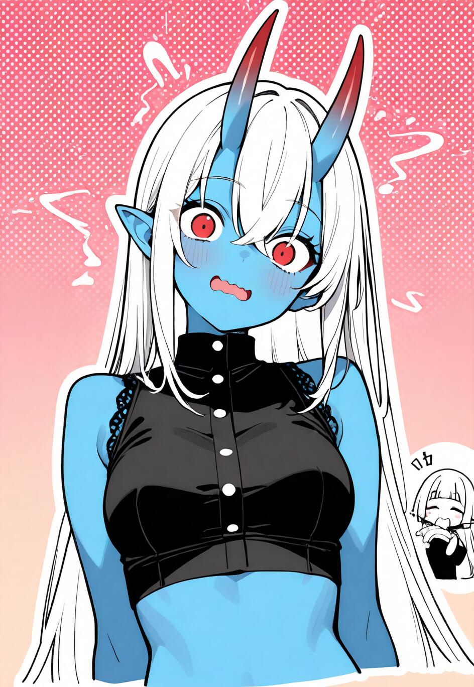 A blue-skinned anime girl with long white hair, red eyes, and red-tipped horns, looking shocked and blushing deeply. She is wearing a black high-collar crop top against a pink dotted background.