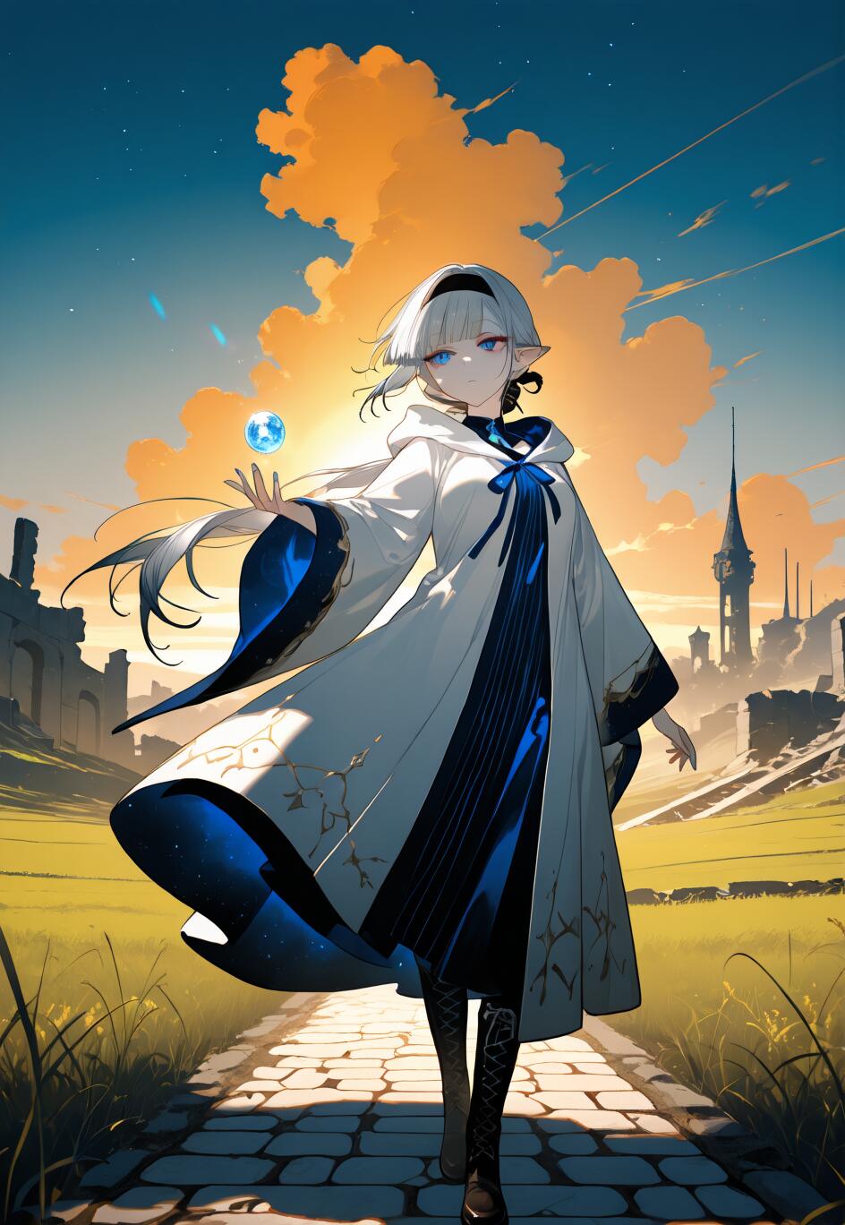 A full-body illustration of the elf mage Frieren walking on a cobblestone path towards the viewer. She has white hair, pointy ears, and blue eyes, and wears a flowing white and blue robe. A small, glowing blue sphere levitates above her outstretched hand. In the background, a golden sunrise illuminates a field of green grass, ancient ruins, and a distant castle spire.