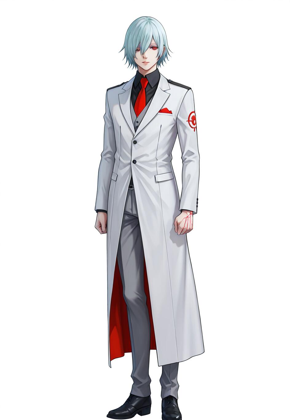 Full body illustration of the anime-style character Hibari from Tohyōgi, featuring his light blue hair, red eyes, and a long white overcoat over a suit.