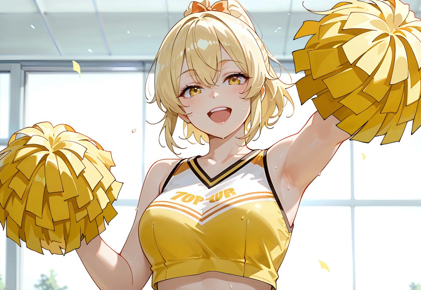 An anime-style illustration of Lumine from Genshin Impact as a cheerleader. She is a blonde girl with golden eyes, smiling and holding two yellow pom-poms in a bright, windowed room.