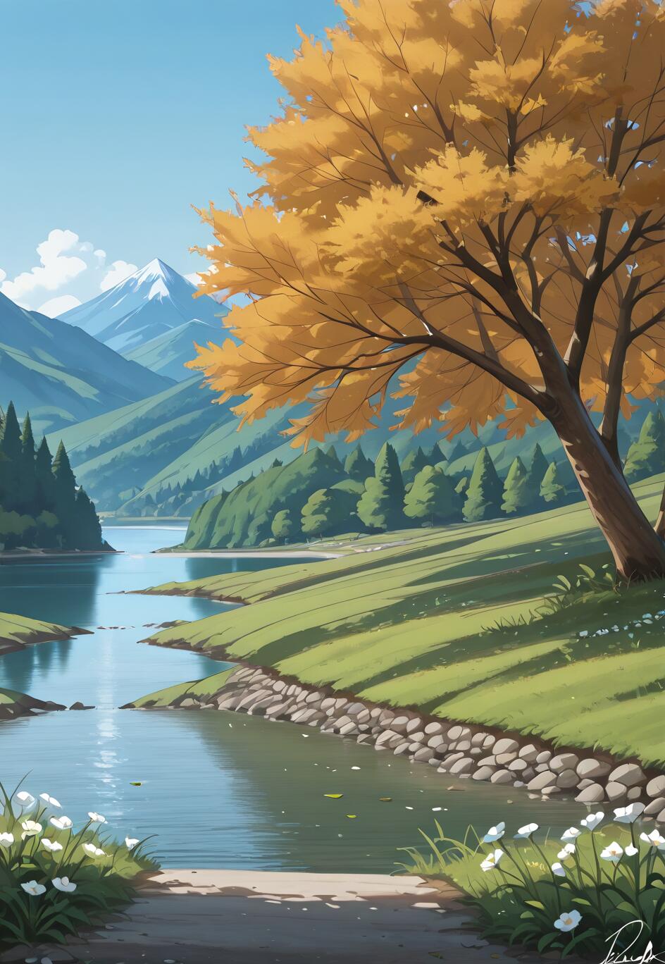 An anime-style digital painting of a serene landscape. A large tree with golden leaves overlooks a winding river. In the background are green hills and a snow-capped mountain under a blue sky. White flowers are in the foreground.