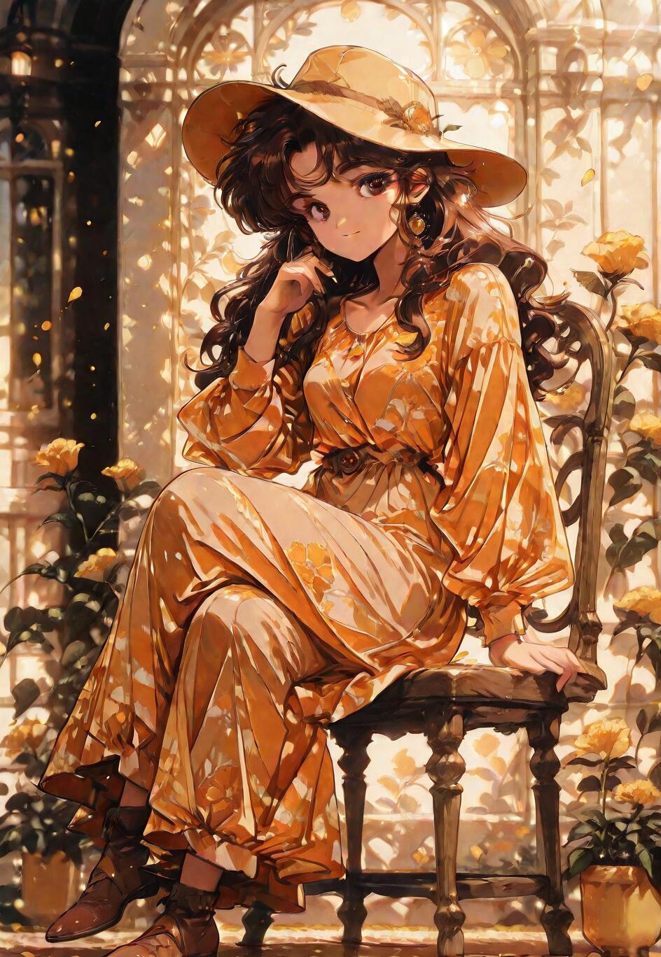 A full-body portrait of an anime-style young woman with long brown hair and a yellow hat, sitting on a wooden chair. She is wearing a long orange-yellow floral dress and smiling gently in a sunlit garden with yellow roses.