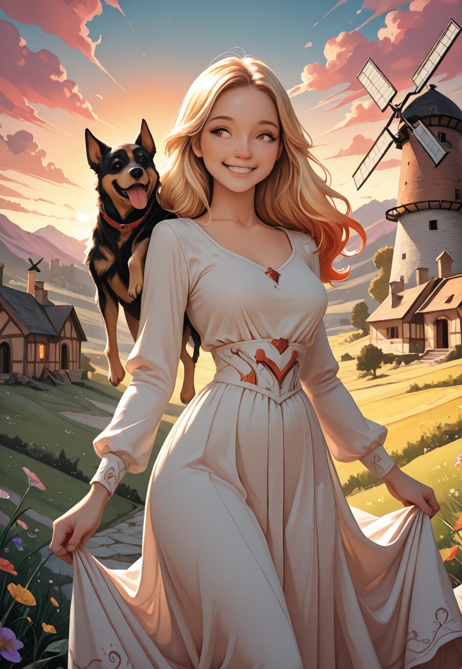An anime-style illustration of a smiling young woman with long blonde hair in a white dress, standing in a field with her happy dog. In the background is a countryside landscape with a large windmill and houses under a sunset sky.