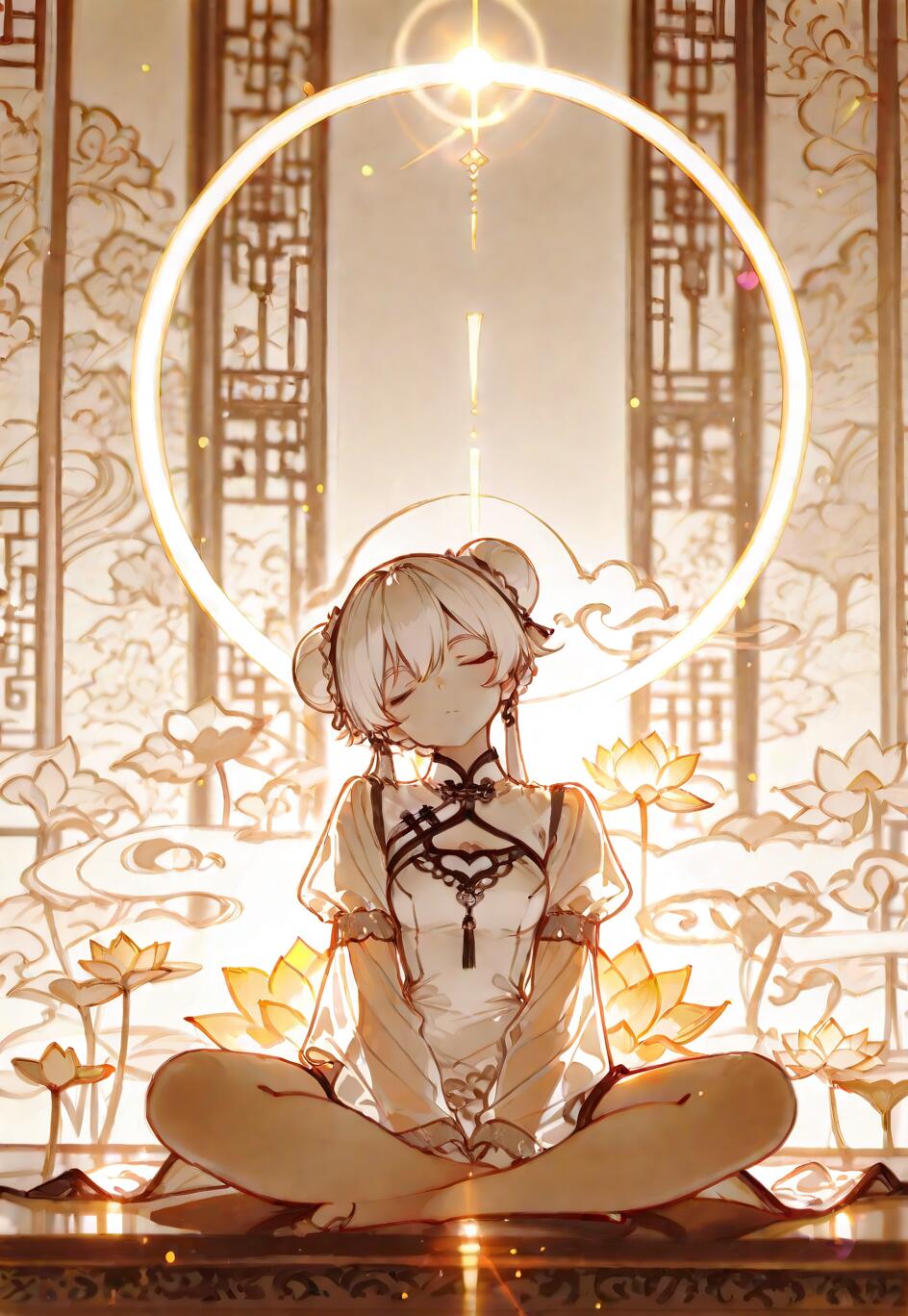An anime girl with white hair in double buns meditates in a lotus position. She wears a white qipao and is surrounded by golden lotus flowers and a glowing halo against a background of Chinese screens.