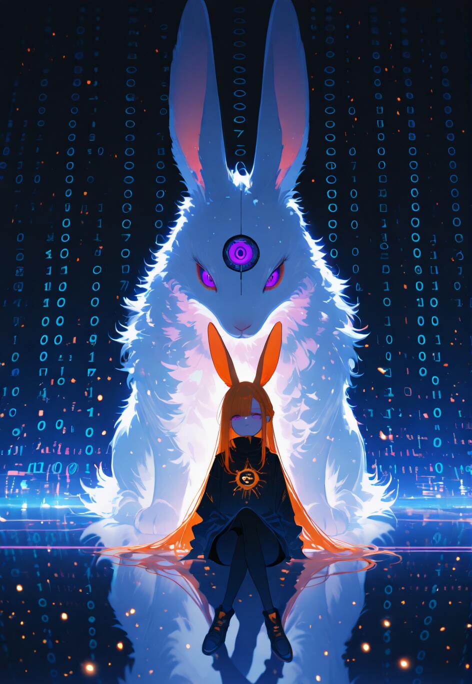 An anime-style illustration of a girl with orange hair and rabbit ears sitting in front of a giant, glowing white rabbit with a third eye, all within a futuristic digital world with falling binary code.