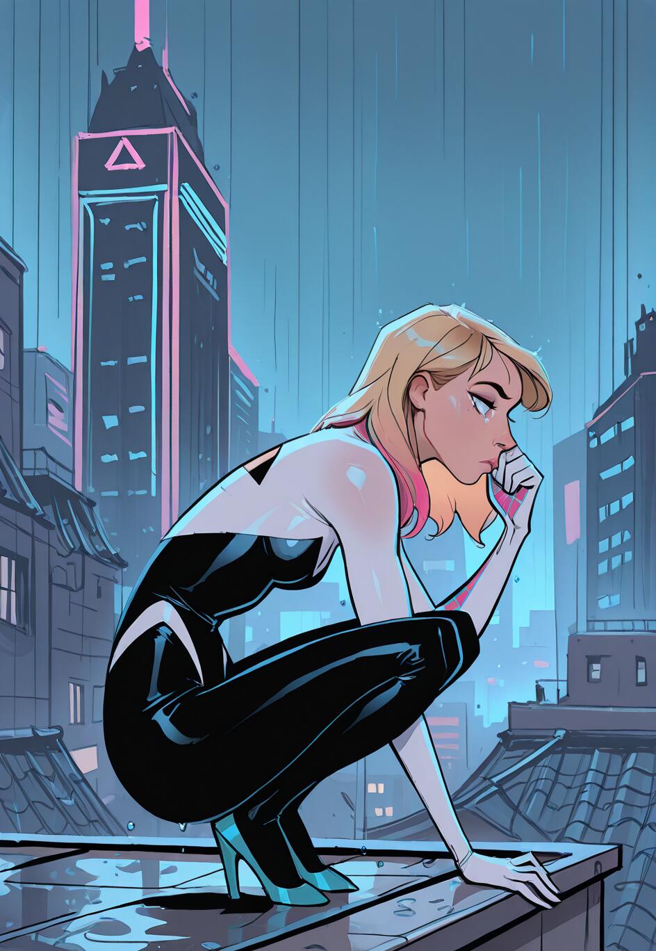 Gwen Stacy as Spider-Gwen in her iconic black and white suit, crouching pensively on a wet rooftop in a rainy, neon-lit city at night.