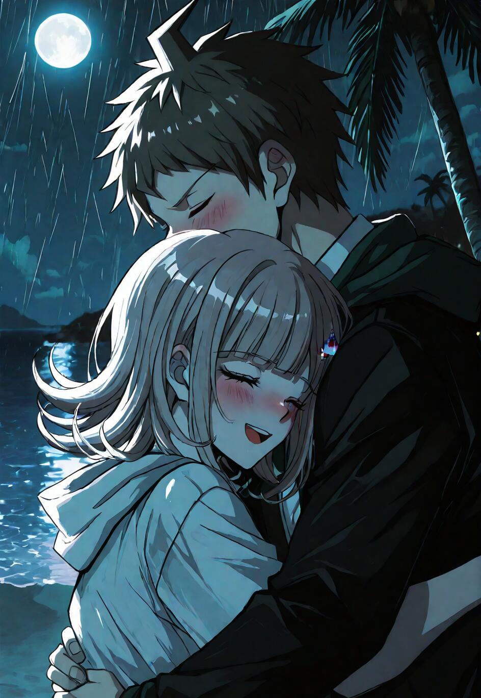 Anime fan art of Hajime Hinata and Chiaki Nanami from Danganronpa hugging affectionately on a rainy beach at night, with a full moon and palm trees in the background.