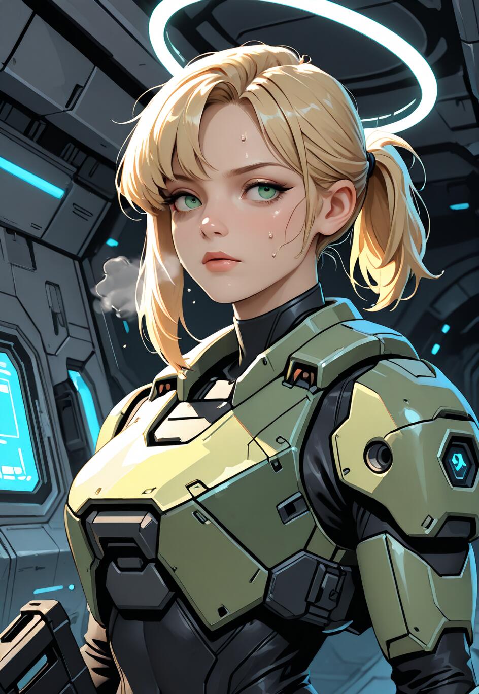 An anime-style illustration of a young female Spartan with blonde pigtails and green eyes, wearing green and black futuristic armor, with a glowing white halo above her head, standing inside a spaceship.