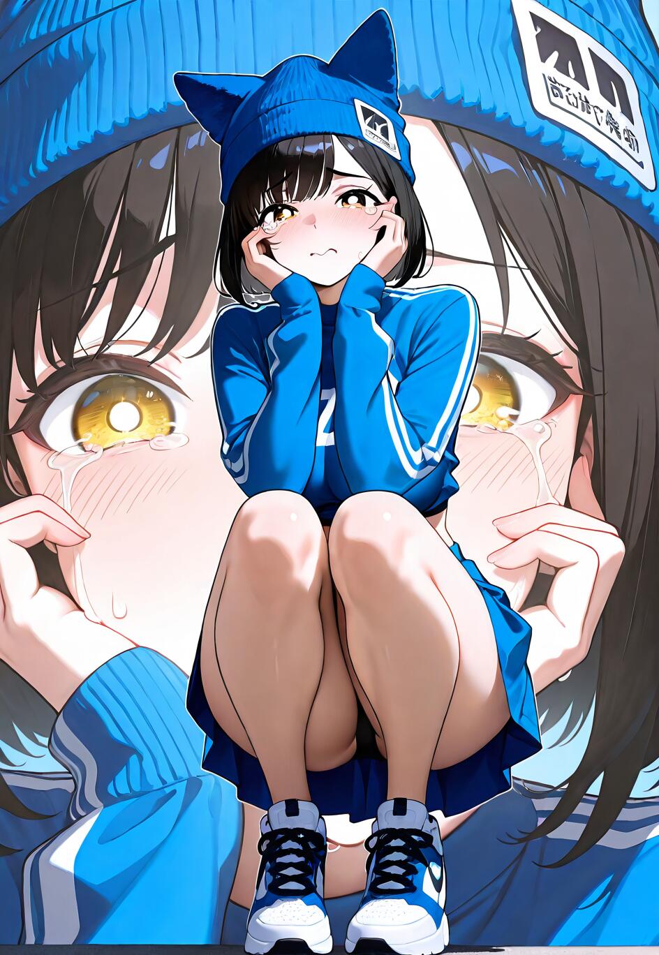 A full-body illustration of a crying anime girl with short dark hair and yellow eyes. She wears a blue cat ear beanie, a blue crop top jersey, and a blue skirt while crouching with her hands on her face. A larger, crying close-up of her face is in the background.