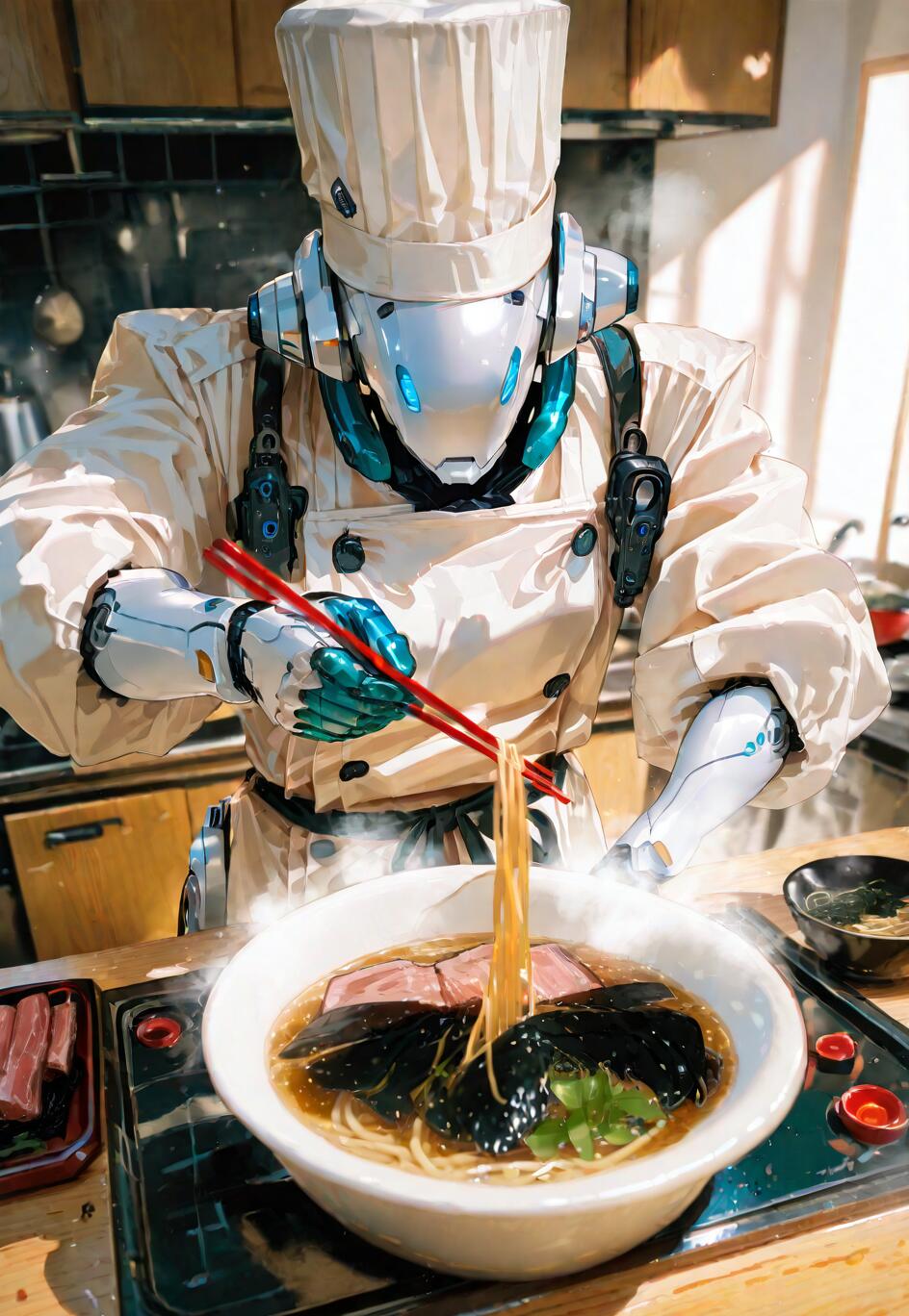 A white, futuristic robot dressed in a full chef's uniform, including a tall hat, using red chopsticks to lift noodles from a steaming bowl of Japanese ramen in a kitchen.