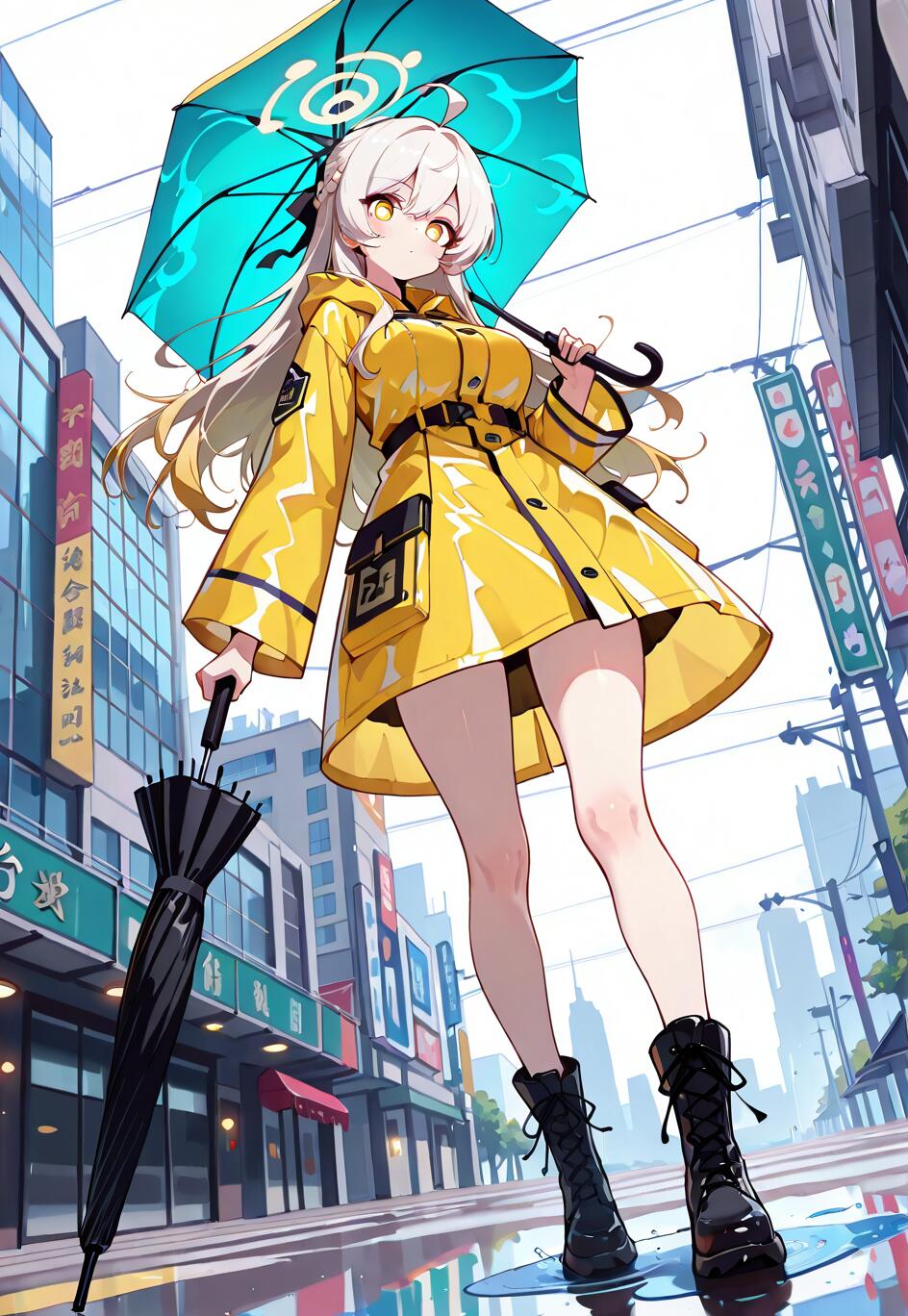 An anime-style illustration of Stelle, the female Trailblazer from Honkai: Star Rail, standing on a wet city street. She wears a yellow raincoat and holds a turquoise umbrella, looking down at the viewer with golden eyes.