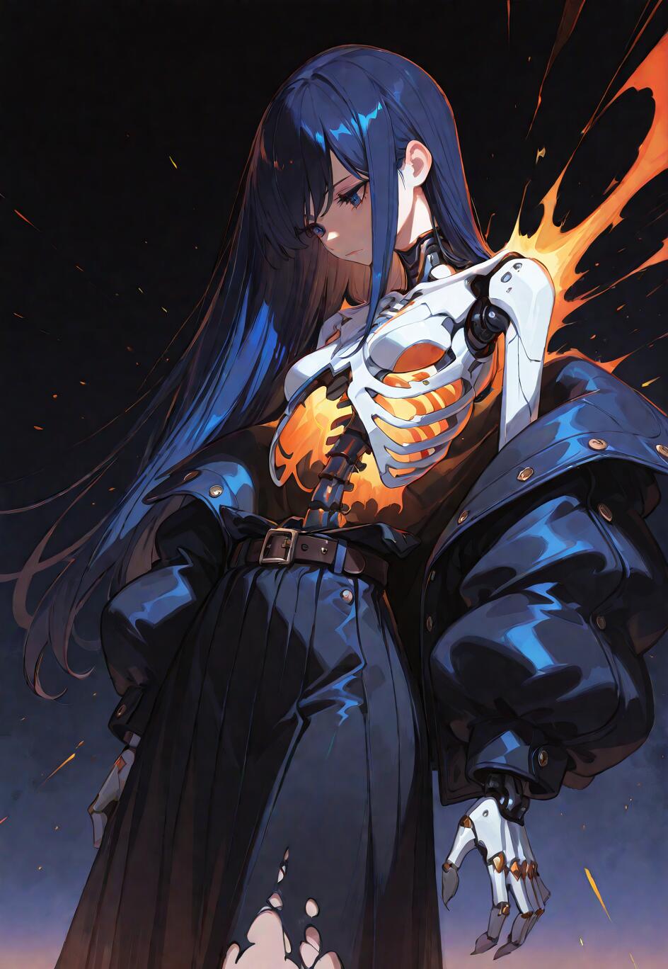 An anime-style cyborg girl with long dark blue hair looks down with a somber expression. Her torso is open, revealing a white mechanical ribcage that glows with a bright orange light from within. She wears a dark open jacket and a tattered skirt against a dark background with sparks.