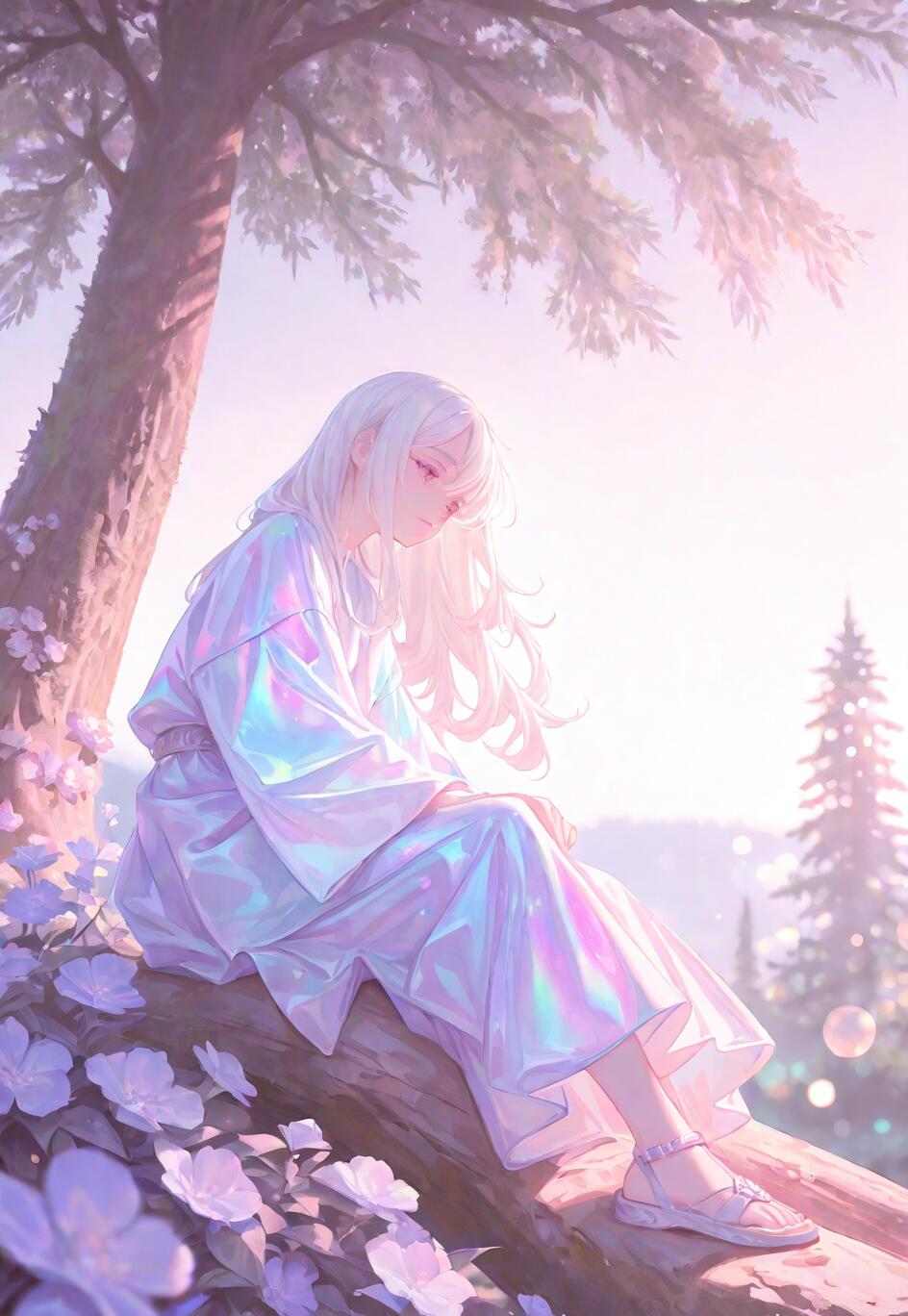 A young woman with long white hair, wearing an iridescent robe, sits contemplatively on a large tree branch surrounded by purple and white flowers in a soft, sunlit pastel landscape.