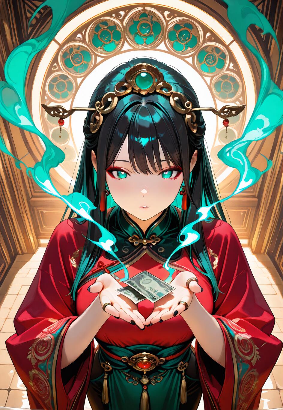 An anime-style woman in a red and green traditional Chinese robe holding glowing money, framed by ethereal teal smoke and an ornate circular window.