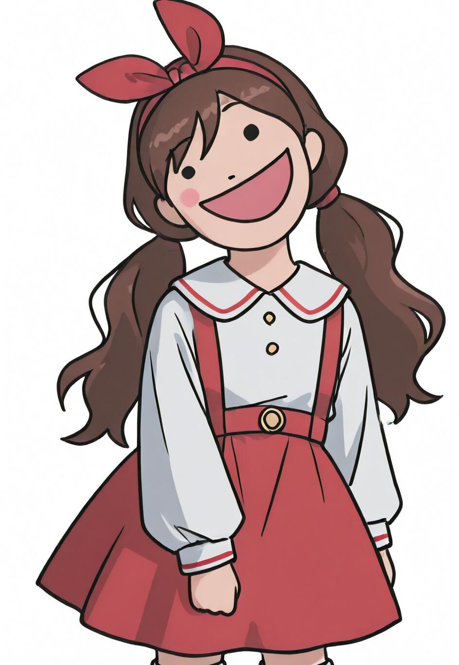 An anime-style illustration of a happy young girl with brown hair in twintails and a red bow, wearing a red suspender skirt over a white shirt, smiling with her mouth wide open against a white background.