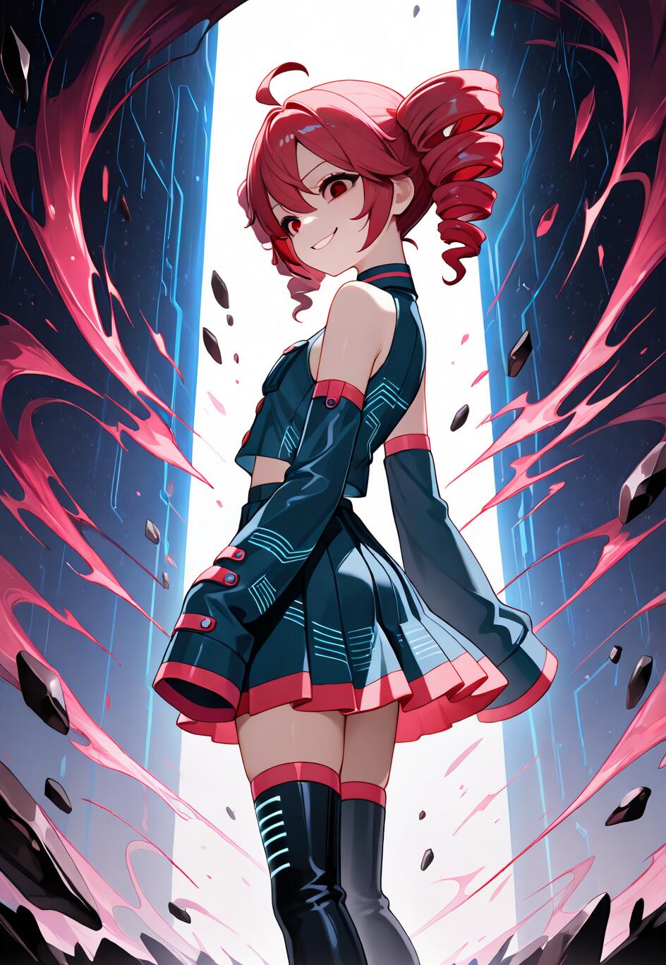 An anime-style illustration of Kasane Teto with red twin-drill hair and a mischievous smile, wearing a futuristic blue and red outfit. She stands amidst swirling pink energy and floating rocks in front of a bright, glowing portal.