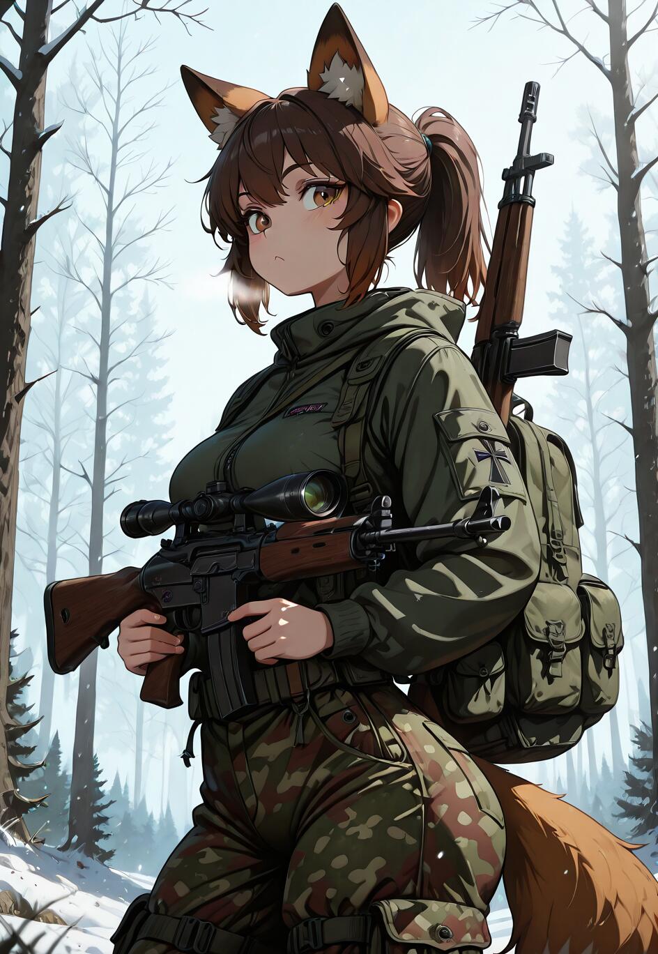 An anime-style fox girl with brown hair in a ponytail, wearing a green military jacket and camouflage pants, stands in a snowy forest holding a sniper rifle.