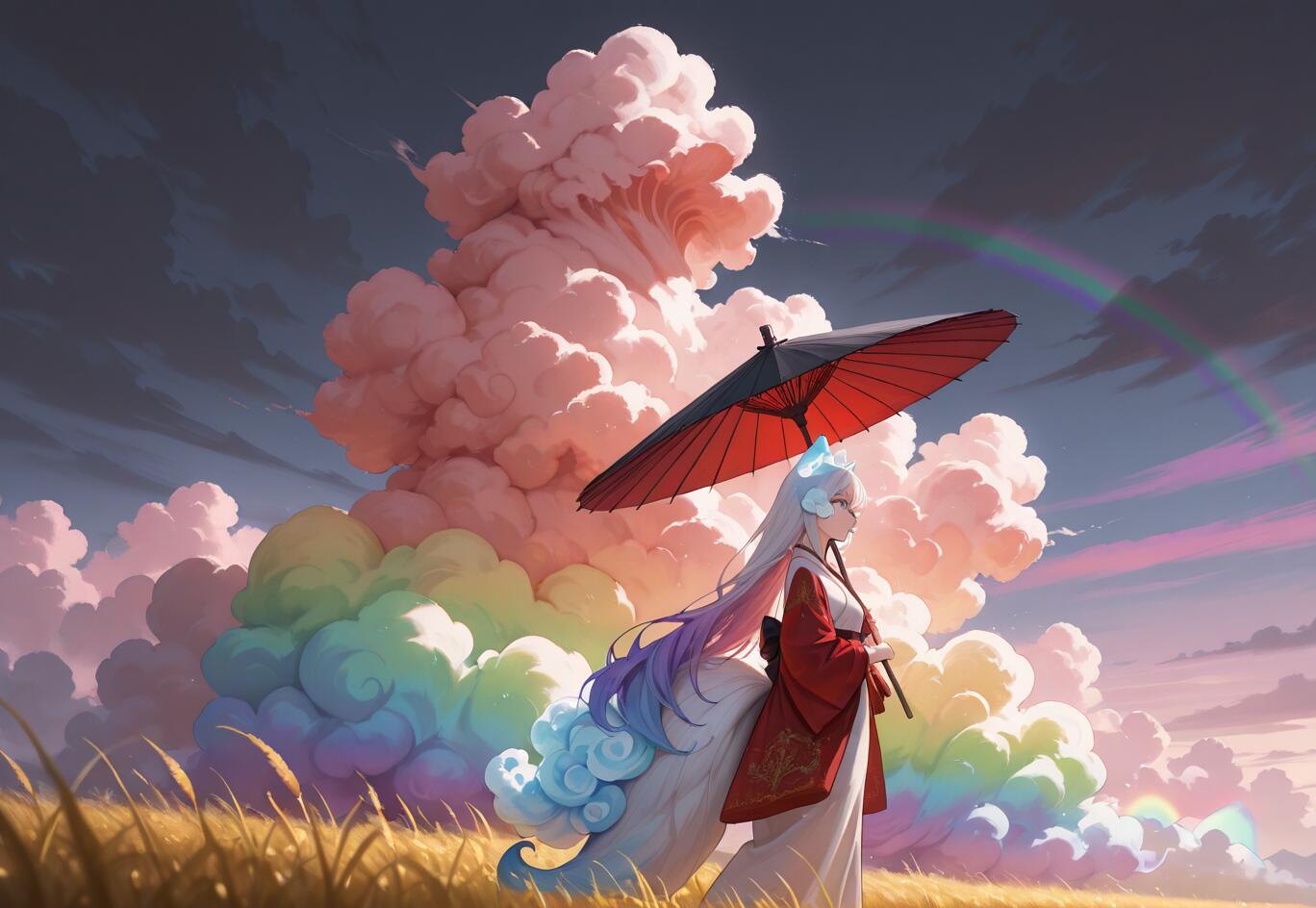 An anime-style illustration of a kitsune (fox girl) with long white hair and fluffy, colorful tails, holding a red and black umbrella while walking through a golden field under a sky filled with giant rainbow-colored clouds.