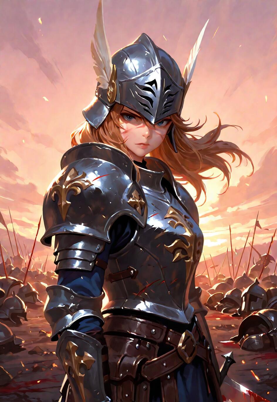 A young female knight with blonde hair and a winged helmet stands on a battlefield at dusk, surrounded by the fallen.