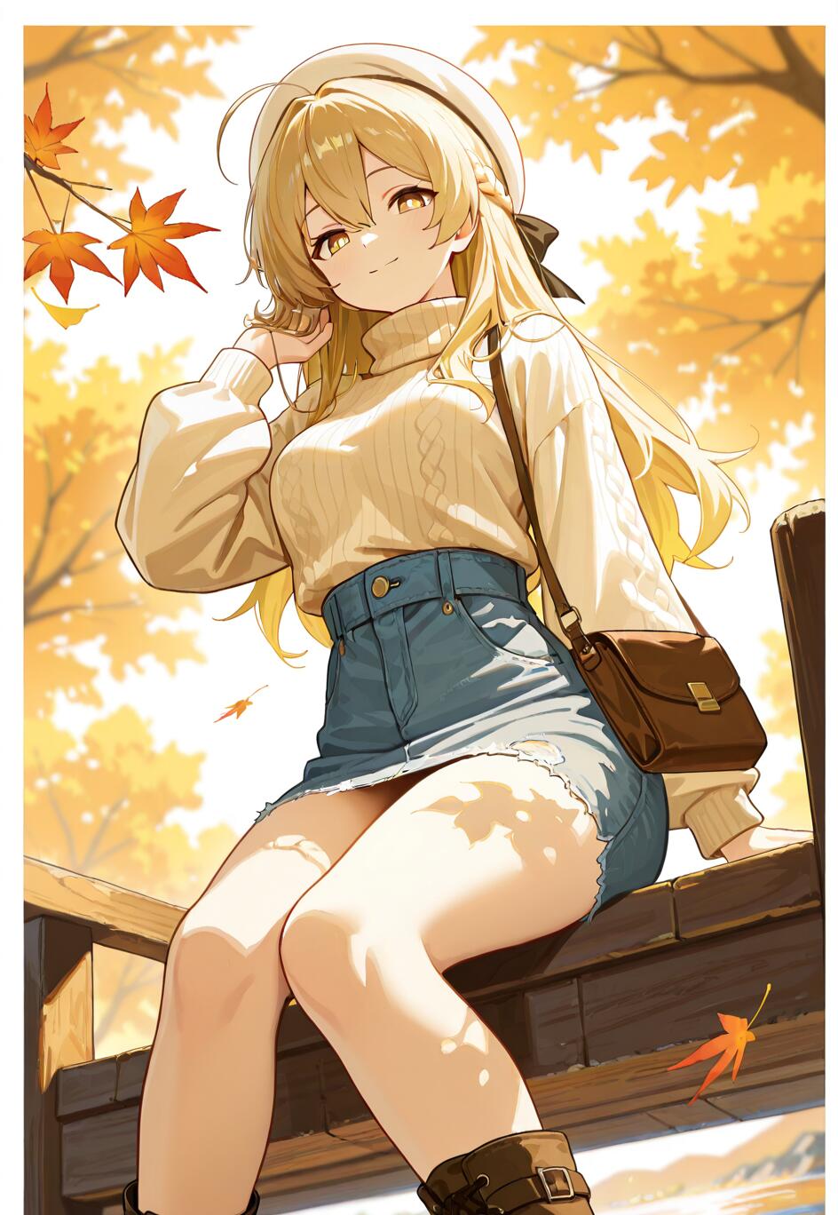 Lumine from Genshin Impact with long blonde hair and a white beret, wearing a cream turtleneck sweater and denim skirt, sitting on a wooden bridge surrounded by falling autumn leaves.