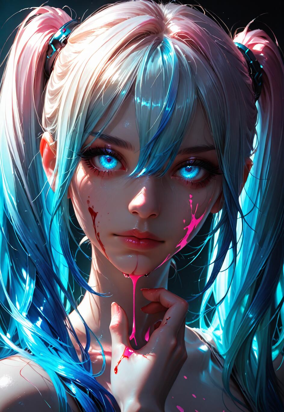 A close-up portrait of a young woman with pink and blue hair in twintails. She has intensely glowing blue eyes and looks directly at the viewer, with pink liquid splattered on her face and dripping from her chin.